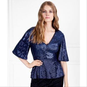 NWT Rachel Zoe Clover Sequined Mesh Peplum Top In Navy